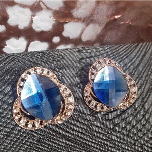Vintage Vibrant Blue And Rhinestone Stamped Statement Earrings